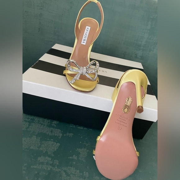 Aquazzura Babe satin slingback sandals with crystal-embellished bow at the toe. - Picture 8 of 9